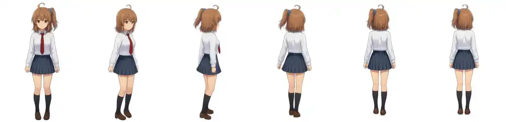 Six extracted frames of character turn: frames 0, 11, 22, 33, 44, and 55 from left to right