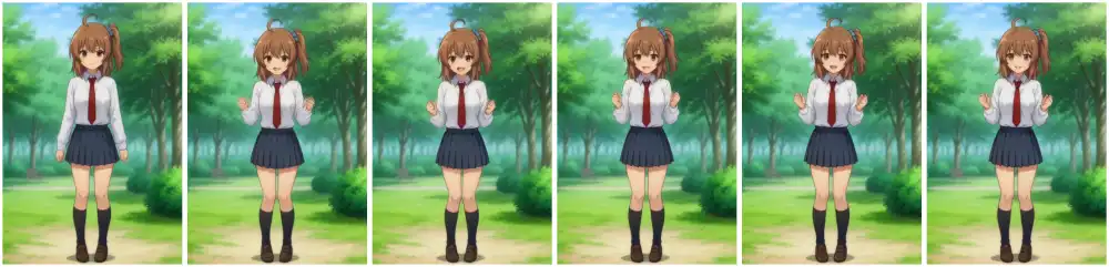 Six frames without reference audio: frames 0, 14, 28, 43, 57, and 72 from left