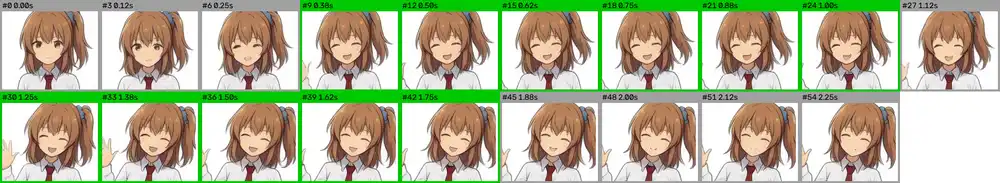 Mouth crops at 3-frame intervals. Green borders indicate pYIN voiced detection