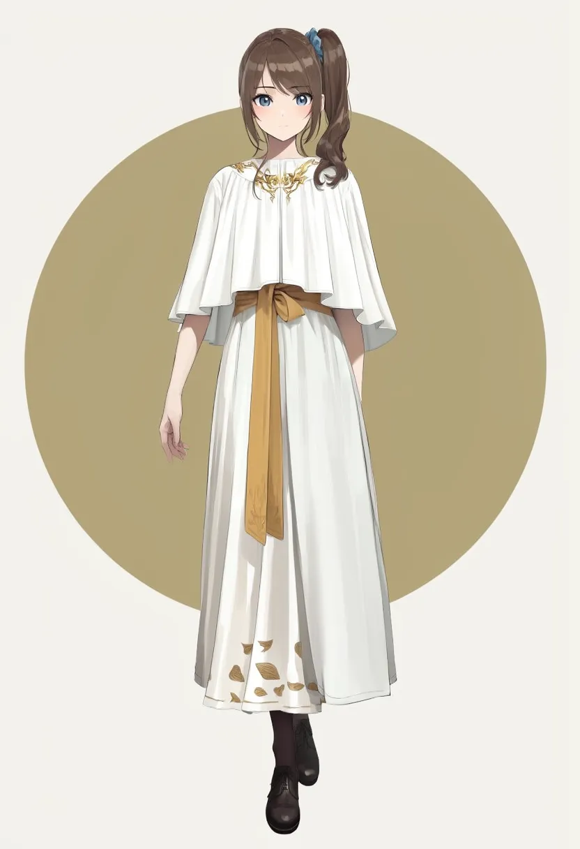 元画像を使わず文章だけで茶髪のサイドポニー、青い髪留め、白と金の服、金色の円を指定したBase版
