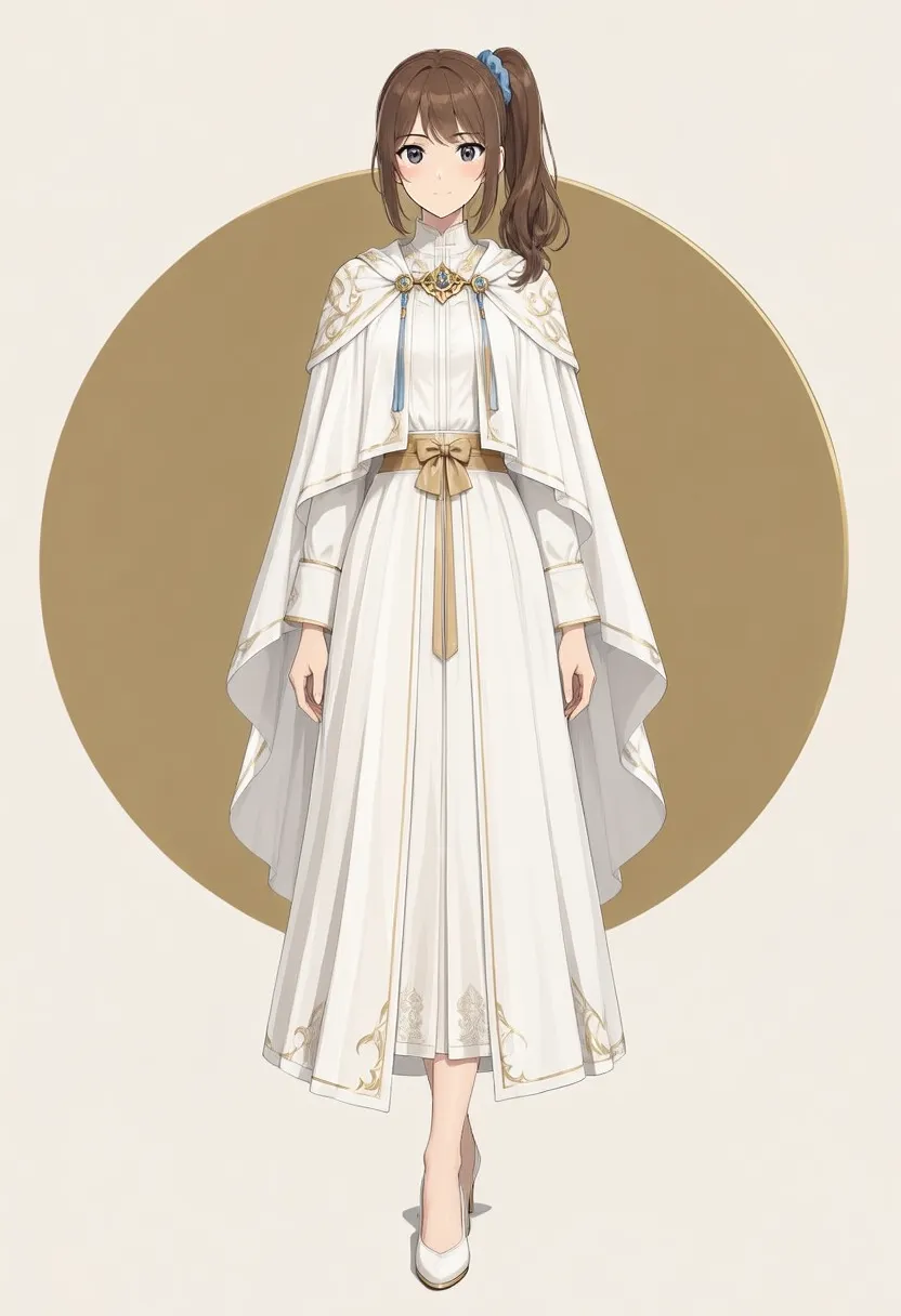 Baseと同じ文章で茶髪のサイドポニー、青い髪留め、白と金の服、金色の円を指定したSFT版