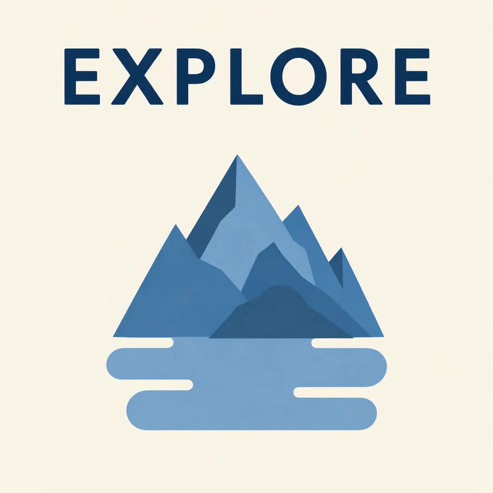EXPLOREの文字と複数の角張った青い山、下部の青い帯を描いたSFT版ポスター
