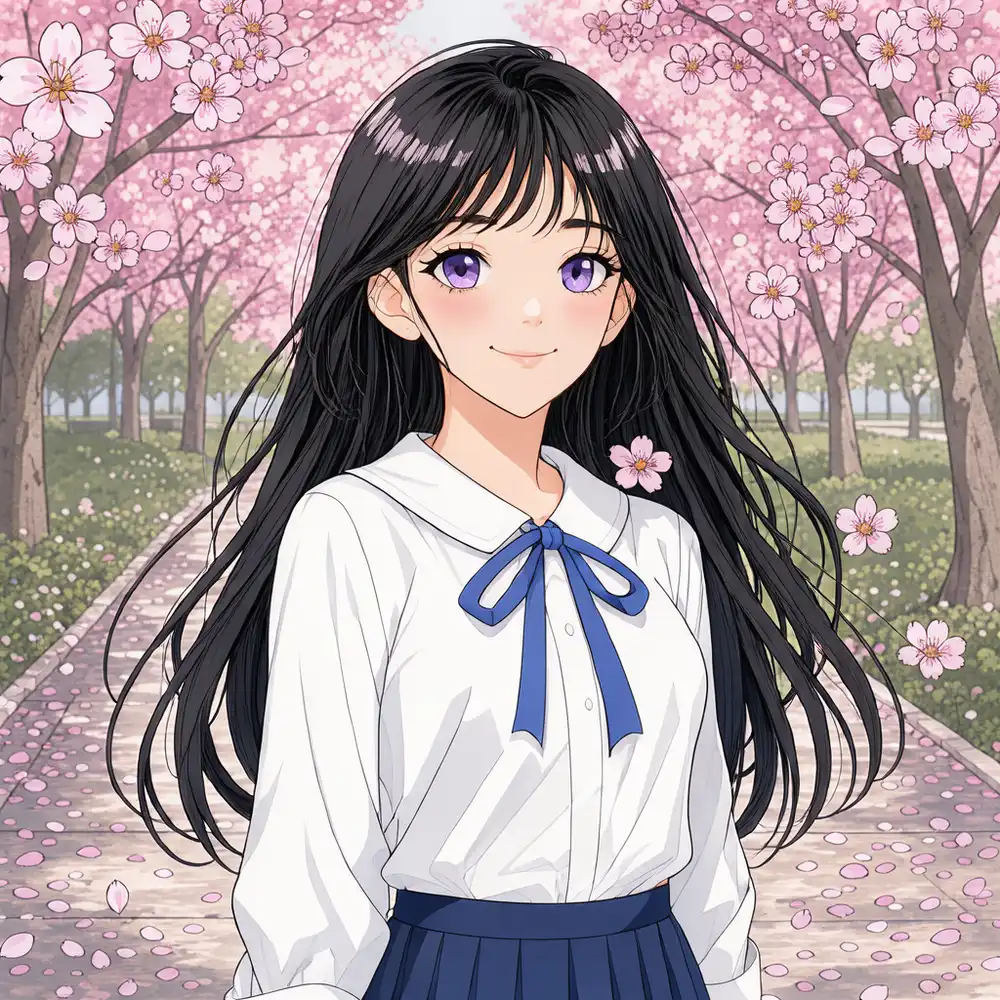 参照設定で生成したFLUX 3 Image Kleinの桜の公園の上半身寄りのアニメ人物