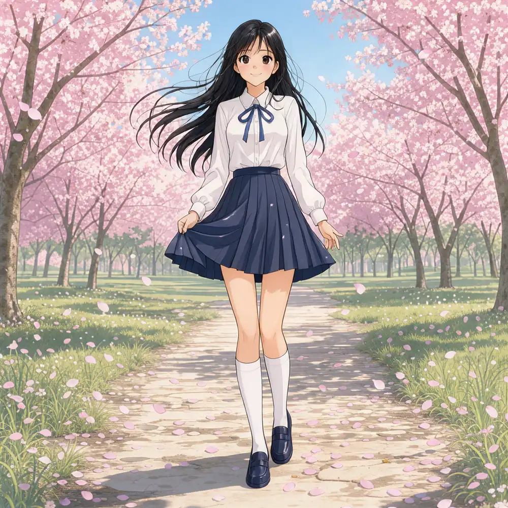 参照設定で生成したFLUX 3 Image Kleinの桜の公園の約7頭身の全身像