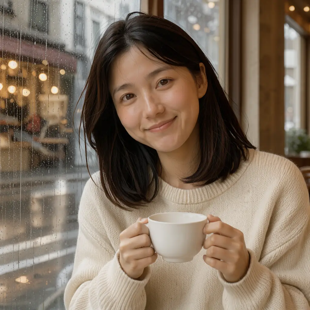 21歳の日本人女性、柔らかい窓光とマットな肌を指定した人物写真