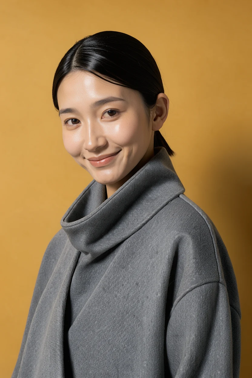 からし色の背景と灰色のコートのまま顔を大きく写した人物写真