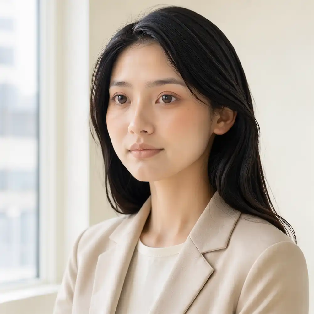 21歳の室内写真と同じseedで笑顔の指定だけを中立の表情に替えた人物