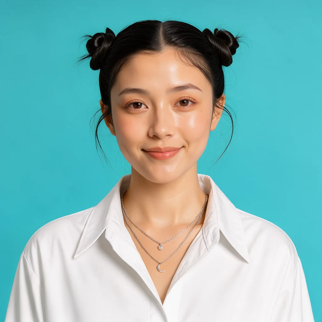 青緑の背景で21歳の成人女性を写した美容写真、seed 1