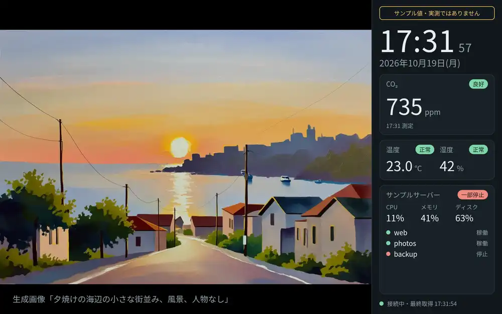 最初に生成して表示した夕焼けの海辺の街。右側の値はまだサンプル