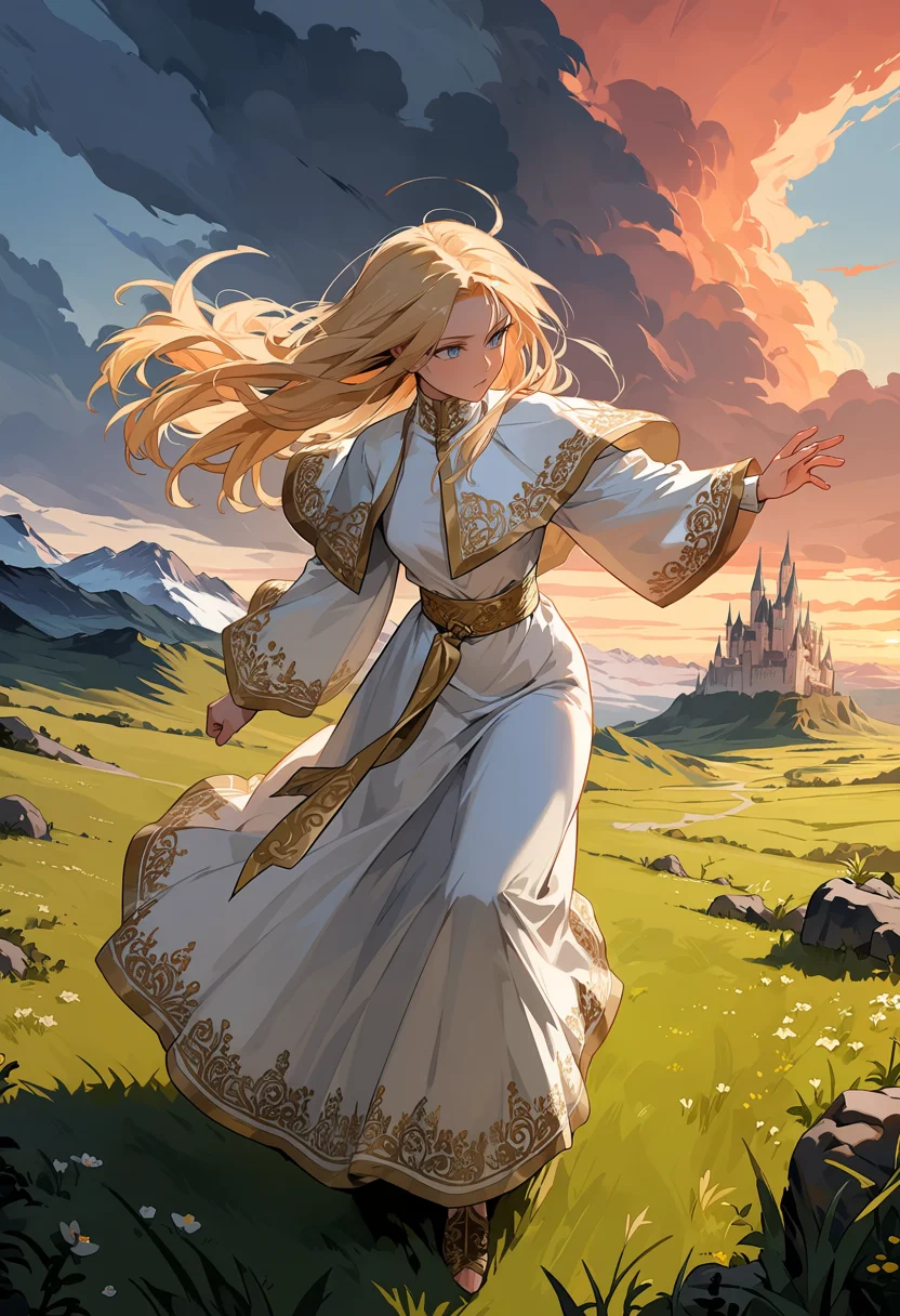 Aesthetic v1.1 running in a field in white robe, seed 42