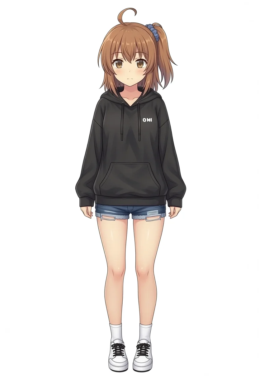 Base Kana-chan in black hoodie and denim shorts, seed 42