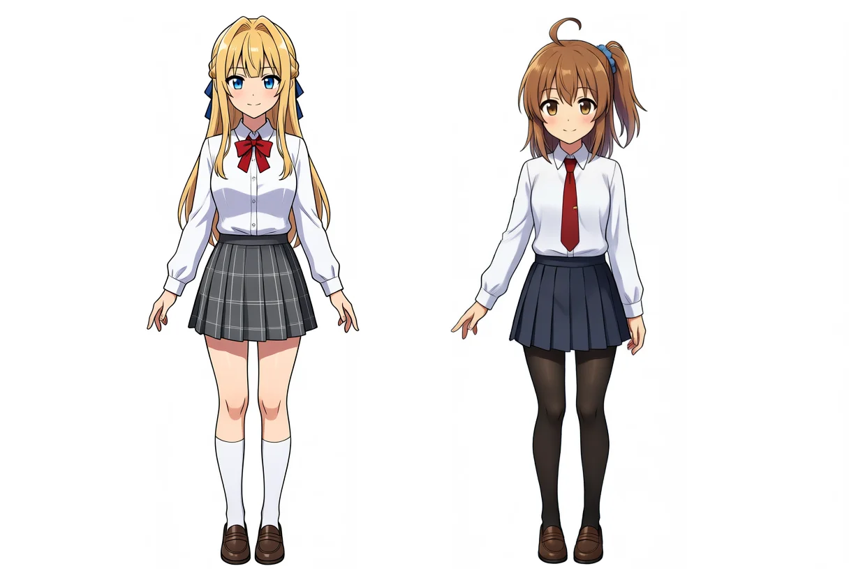 Base + Turbo LoRA side-by-side Kei and Kana full body, seed 42