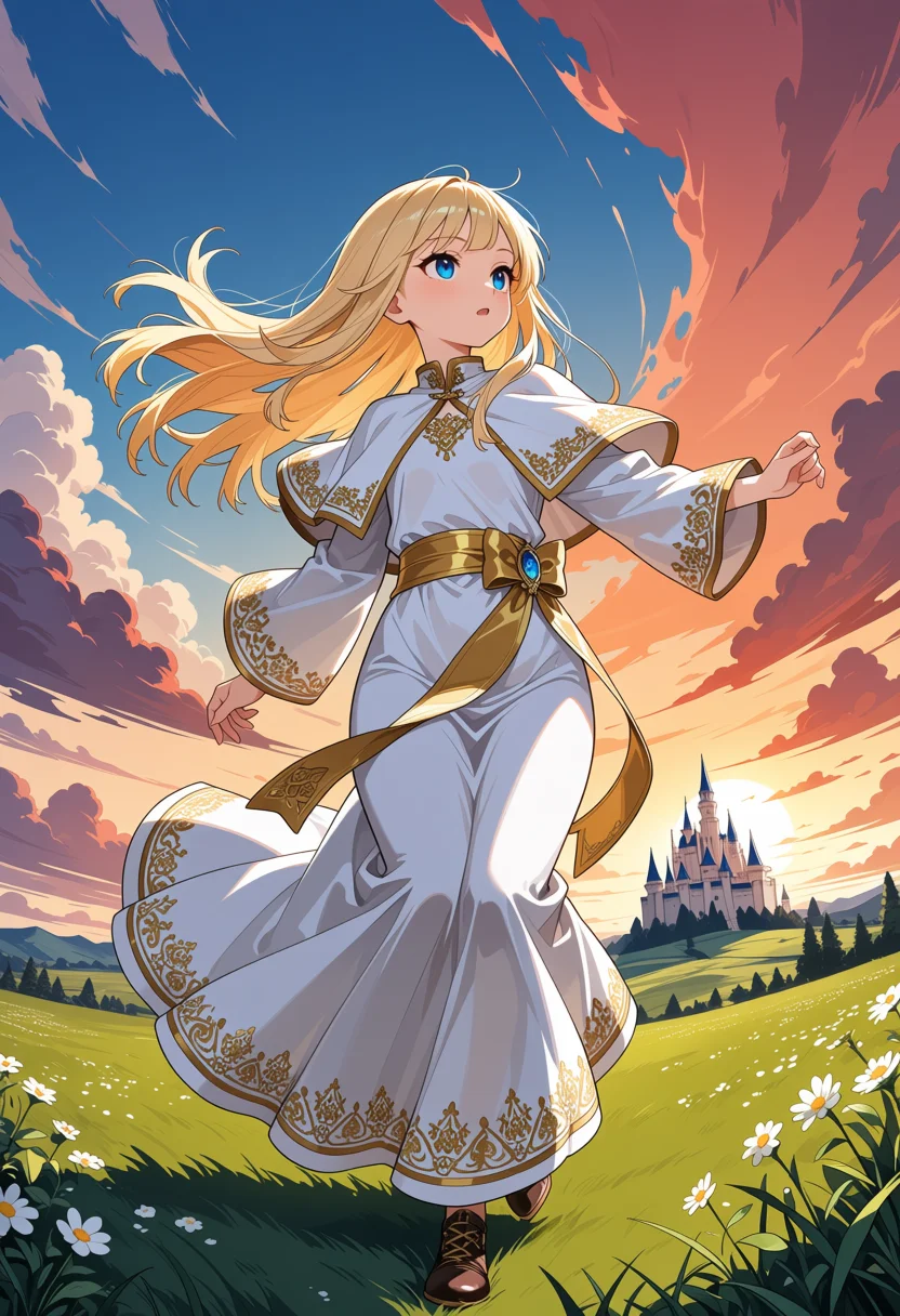 AnimaIka v4.9の白ローブで草原を走る動的シーン、seed 42