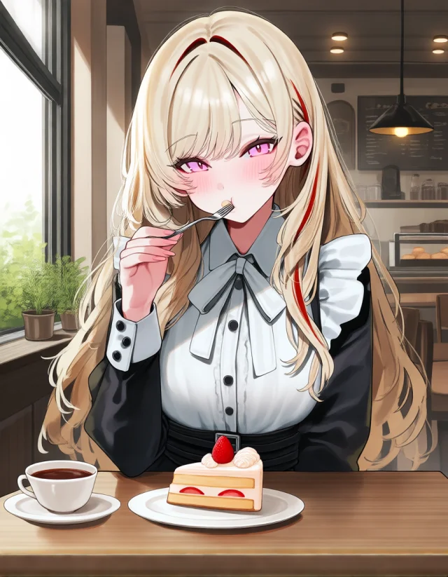 Baseに作者の作例の参照画像を指定し、カフェでケーキを食べる場面を出した結果