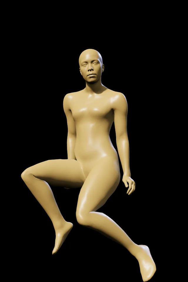 toyxyzのサンプルの3Dポーズ画像、黒背景のマネキンが片膝を立てて座る