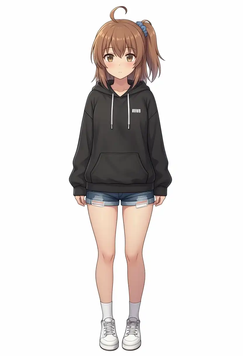 EVO-X2で出力したAesthetic v1.1のかなちゃんの服を黒パーカーとデニムショートパンツに変えた全身、seed 100