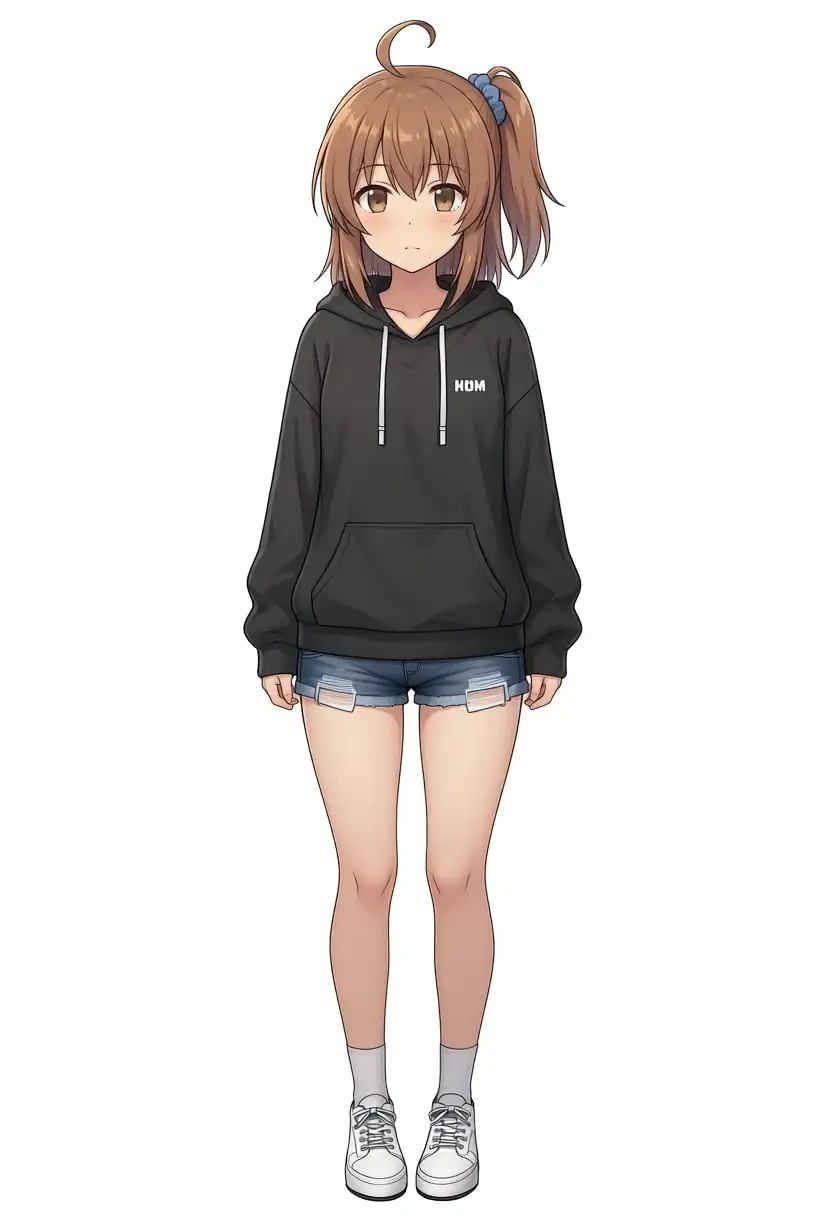 EVO-X2で出力したAesthetic v1.1のかなちゃんの服を黒パーカーとデニムショートパンツに変えた全身、seed 42