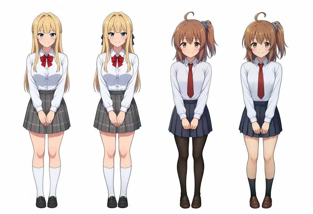 EVO-X2で出力したAesthetic v1.1のけいちゃんとかなちゃんの横並び全身、seed 100