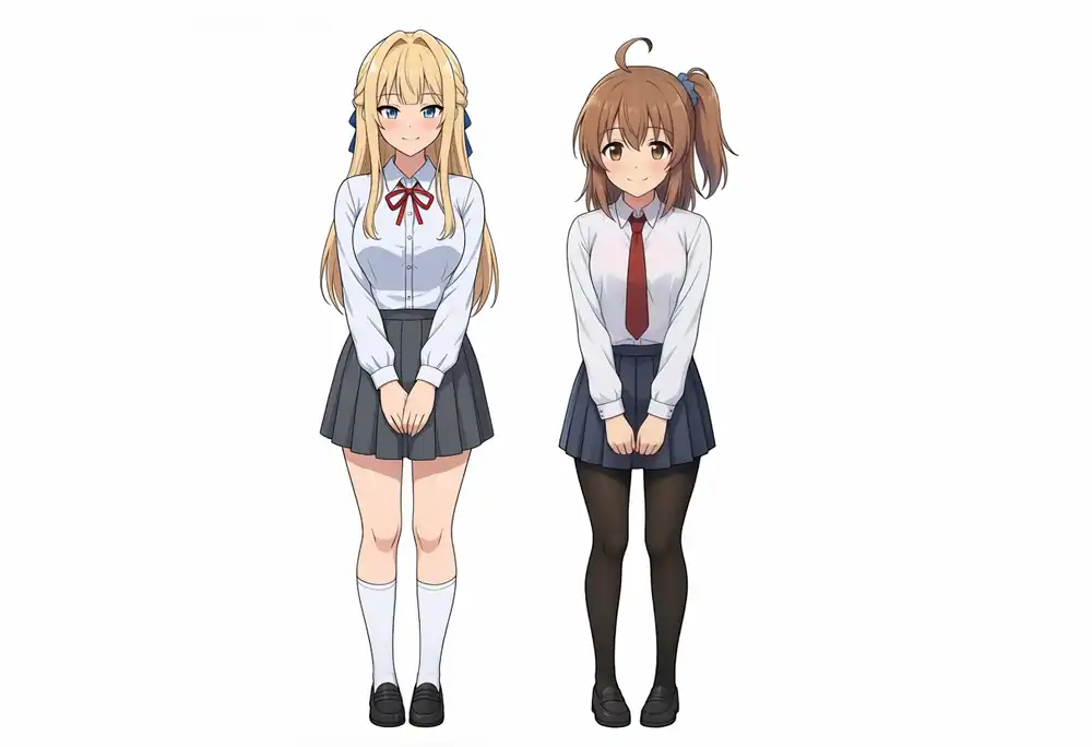 EVO-X2で出力したAesthetic v1.1のけいちゃんとかなちゃんの横並び全身、seed 300