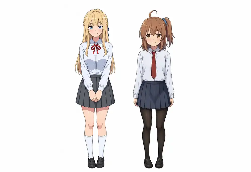 EVO-X2で出力したAesthetic v1.1のけいちゃんとかなちゃんの横並び全身、seed 42