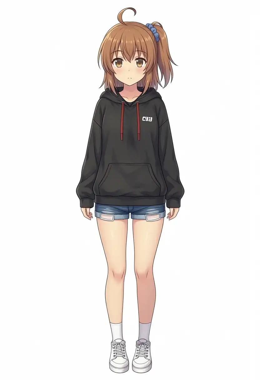 EVO-X2で出力したBaseのかなちゃんの服を黒パーカーとデニムショートパンツに変えた全身、seed 100