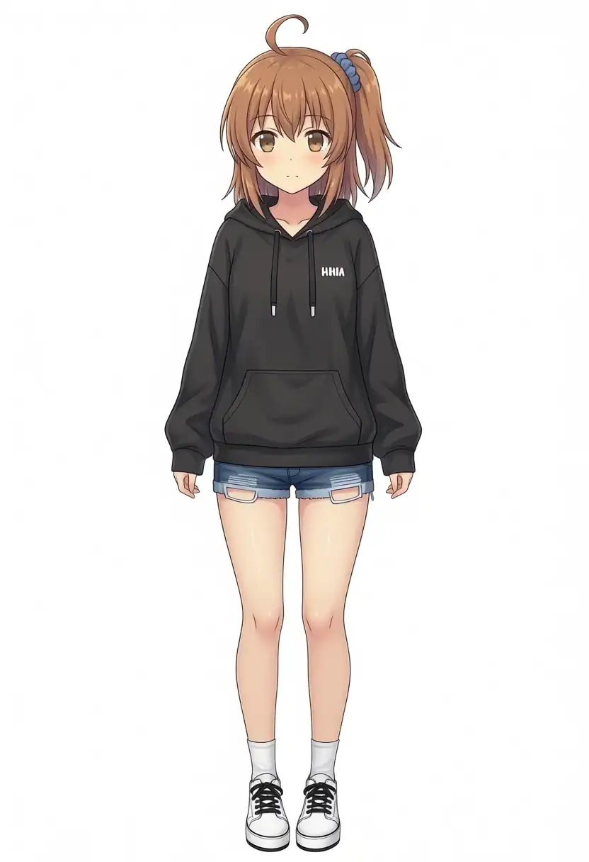 EVO-X2で出力したBaseのかなちゃんの服を黒パーカーとデニムショートパンツに変えた全身、seed 42