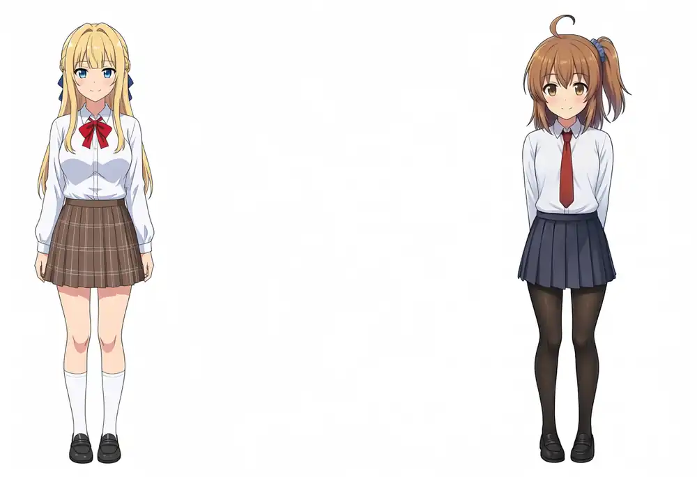 EVO-X2で出力したBaseのけいちゃんとかなちゃんの横並び全身、seed 100