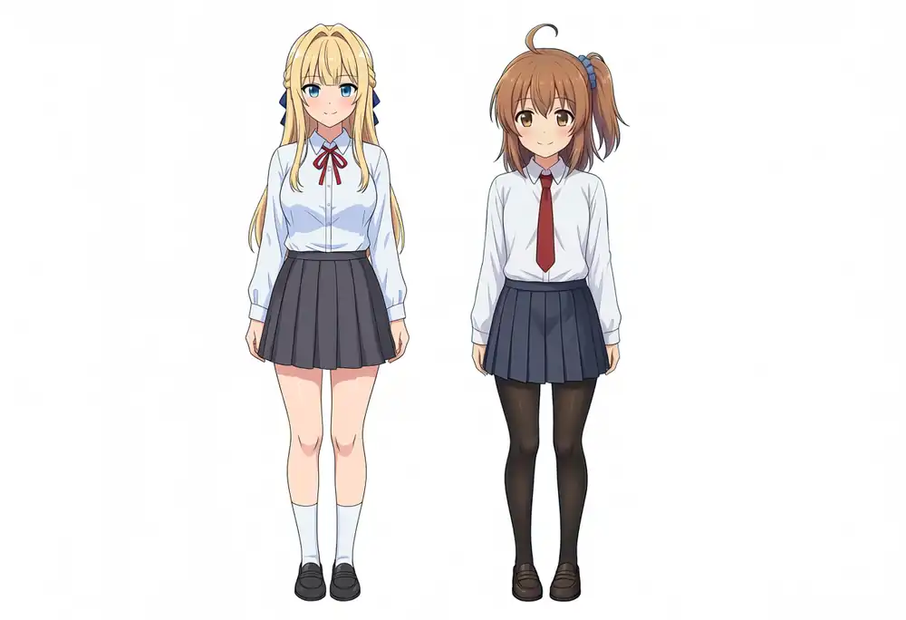 EVO-X2で出力したBaseのけいちゃんとかなちゃんの横並び全身、seed 200