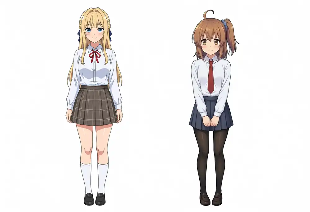EVO-X2で出力したBaseのけいちゃんとかなちゃんの横並び全身、seed 300
