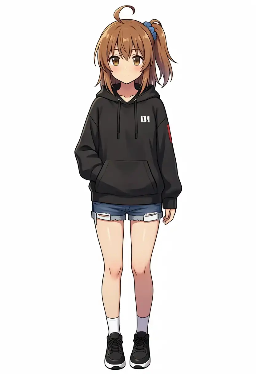 EVO-X2で出力したBase+Turbo LoRAのかなちゃんの服を黒パーカーとデニムショートパンツに変えた全身、seed 100