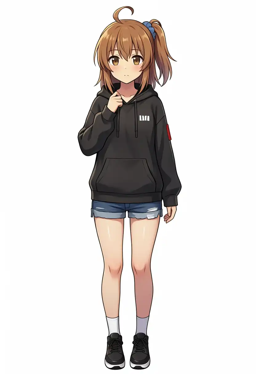 EVO-X2で出力したBase+Turbo LoRAのかなちゃんの服を黒パーカーとデニムショートパンツに変えた全身、seed 42