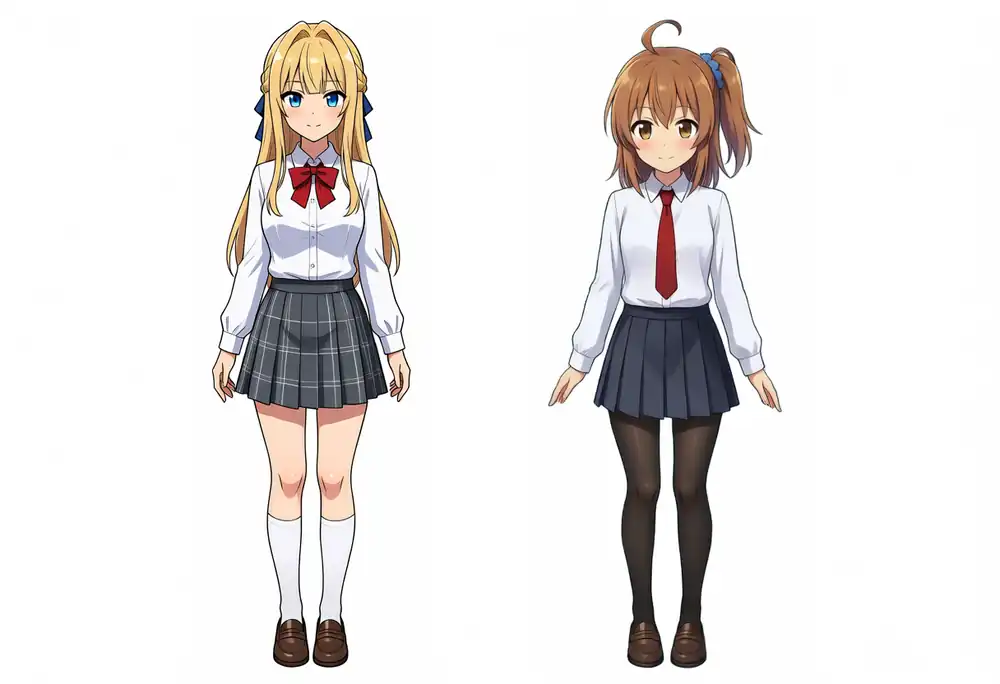 EVO-X2で出力したBase+Turbo LoRAのけいちゃんとかなちゃんの横並び全身、seed 100