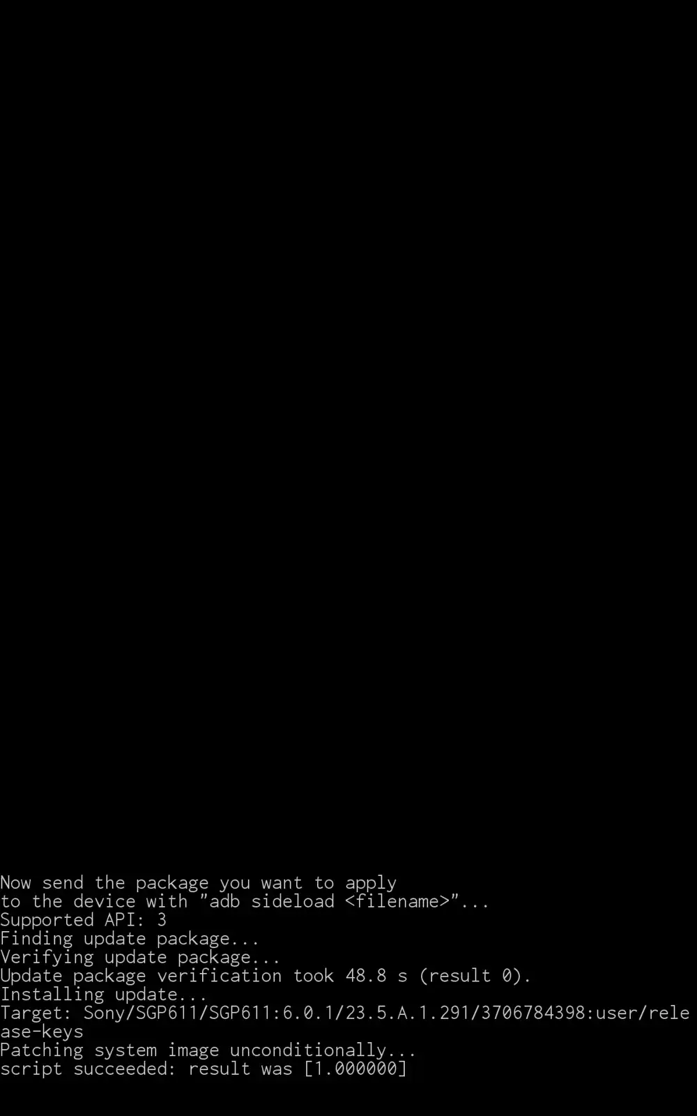 ROMの署名検証とインストールスクリプトの成功結果